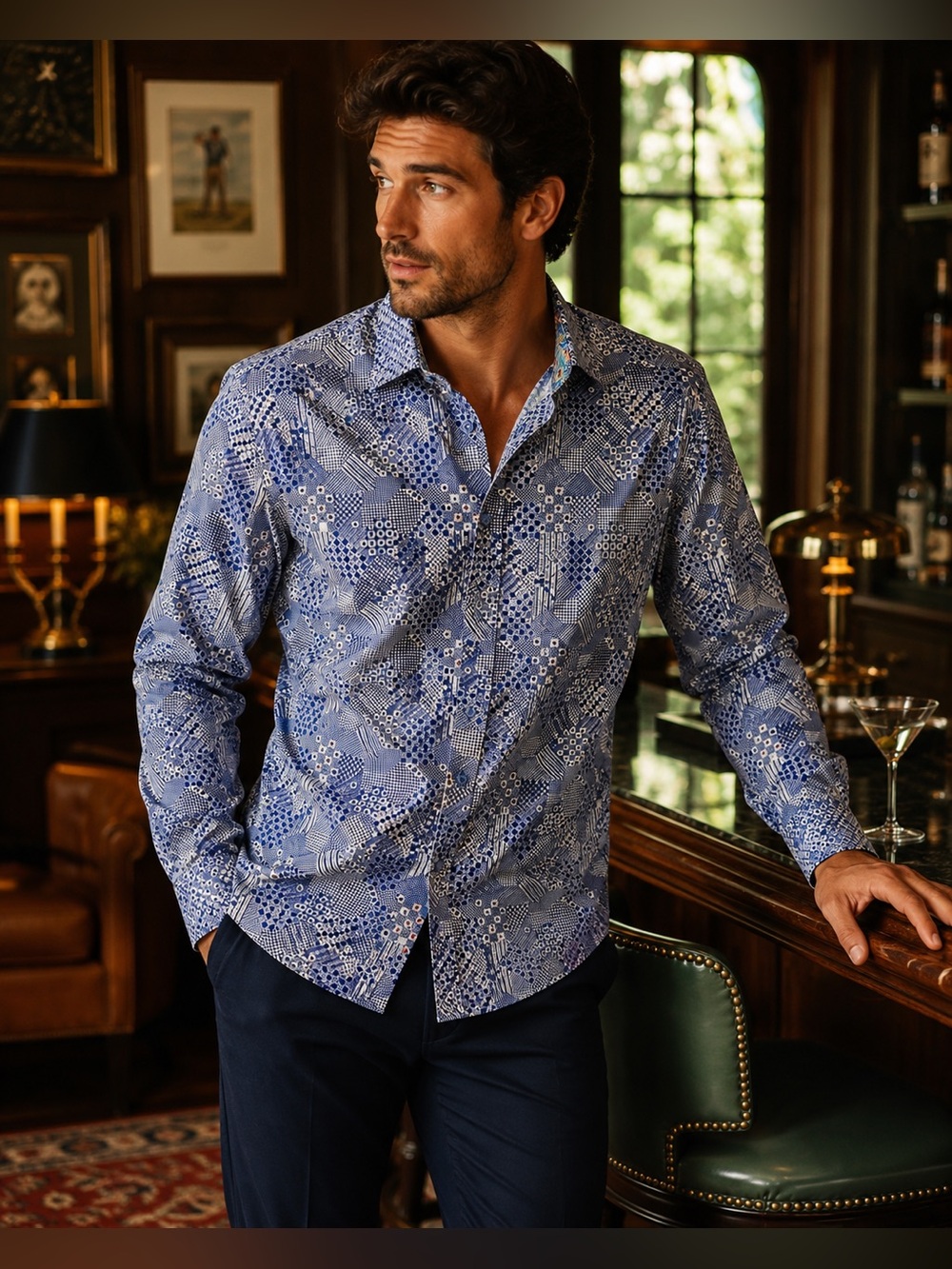 Robert Graham Mens L Blue Geometric Print Classic Fit Cotton Button Down Shirt